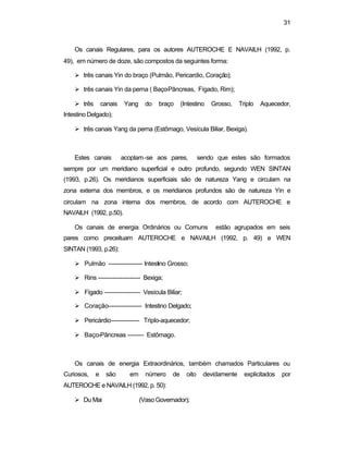 31
Os canais Regulares, para os autores AUTEROCHE E NAVAILH (1992, p.
49), em número de doze, são compostos da seguintes forma:
Ø três canais Yin do braço (Pulmão, Pericardio, Coração);
Ø três canais Yin da perna ( Baço-Pâncreas, Fígado, Rim);
Ø três canais Yang do braço (Intestino Grosso, Triplo Aquecedor,
Intestino Delgado);
Ø três canais Yang da perna (Estômago, Vesícula Biliar, Bexiga).
Estes canais acoplam-se aos pares, sendo que estes são formados
sempre por um meridiano superficial e outro profundo, segundo WEN SINTAN
(1993, p.26). Os meridianos superficiais são de natureza Yang e circulam na
zona externa dos membros, e os meridianos profundos são de natureza Yin e
circulam na zona interna dos membros, de acordo com AUTEROCHE e
NAVAILH (1992, p.50).
Os canais de energia Ordinários ou Comuns estão agrupados em seis
pares como preceituam AUTEROCHE e NAVAILH (1992, p. 49) e WEN
SINTAN (1993, p.26):
Ø Pulmão ----------------- Intestino Grosso;
Ø Rins --------------------- Bexiga;
Ø Fígado ------------------ Vesícula Biliar;
Ø Coração----------------- Intestino Delgado;
Ø Pericárdio-------------- Triplo-aquecedor;
Ø Baço-Pâncreas -------- Estômago.
Os canais de energia Extraordinários, também chamados Particulares ou
Curiosos, e são em número de oito devidamente explicitados por
AUTEROCHE e NAVAILH (1992, p. 50):
Ø Du Mai (Vaso Governador);
 