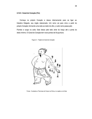 38
2.12.5 - Canal do Coração (Yin)
Começa no próprio Coração e desce internamente para se ligar ao
Intestino Delgado, seu órgão relacionado. Um ramo vai para cima a partir do
próprio Coração, formando uma rede ao redor do olho, o outro ramo passa pelo
Pulmão e surge na axila. Este desce pelo lado ulnar do braço até a ponta do
dedo mínimo. O Canal do Coração tem nove pontos de Acupuntura.
Figura 5 – Trajeto do Canal do Coração
Fonte: Cuidados e Técnicas do Corpo na China, no Japão e na Índia
 