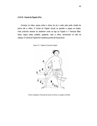 45
2.12.12 - Canal do Fígado (Yin)
Começa no hálux, passa sobre o dorso do pé e sobe pela parte medial da
perna até a virilha. O Canal do Fígado circula os genitais e segue um trajeto
mais profundo através do abdômen onde se liga ao Fígado e à Vesícula Biliar.
Após, segue pelas costelas, garganta, nariz e olhos, terminando no alto da
cabeça. O Canal do Fígado tem quatorze pontos de Acupuntura.
Figura 12 – Trajeto do Canal do Fígado
Fonte: Cuidados e Técnicas do Corpo na China, no Japão e na Índia
 