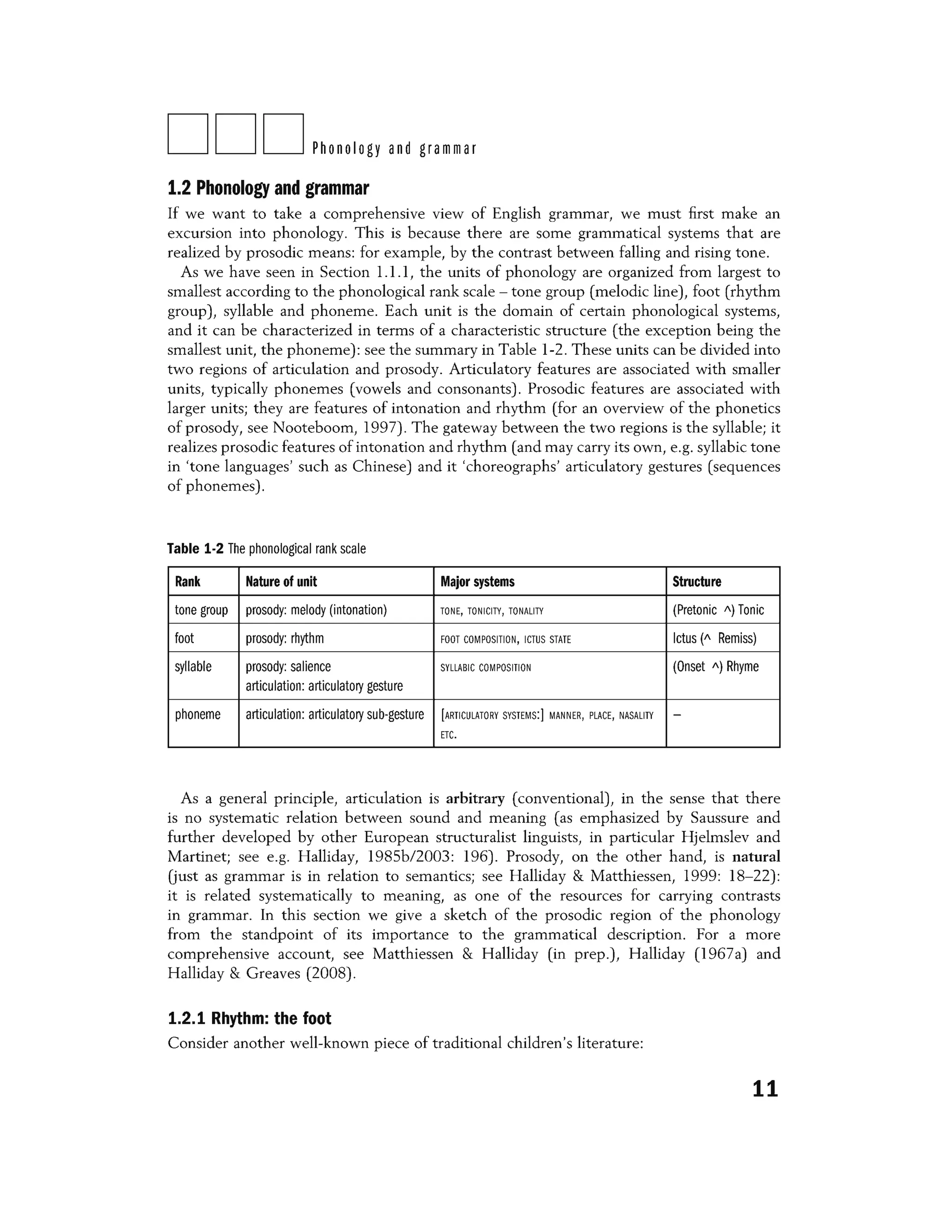DDDPhonology and grammar
1.2 Phonology and grammar
If we want to take a comprehensive view of English grammar, we must first make an
excursion into phonology. This is because there are some grammatical systems that are
realized by prosodic means: for example, by the contrast between falling and rising tone.
As we have seen in Section 1.1.1, the units of phonology are organized from largest to
smallest according to the phonological rank scale - tone group (melodic line), foot (rhythm
group), syllable and phoneme. Each unit is the domain of certain phonological systems,
and it can be characterized in terms of a characteristic structure (the exception being the
smallest unit, the phoneme): see the summary in Table 1-2. These units can be divided into
two regions of articulation and prosody. Articulatory features are associated with smaller
units, typically phonemes (vowels and consonants) . Prosodic features are associated with
larger units; they are features of intonation and rhythm (for an overview of the phonetics
of prosody, see Nooteboom, 1997). The gateway between the two regions is the syllable; it
realizes prosodic features of intonation and rhythm (and may carry its own, e.g. syllabic tone
in 'tone languages' such as Chinese) and it 'choreographs' articulatory gestures (sequences
of phonemes).
Table 1-2 The phonological rank scale
Rank Nature of unit Major systems Structure
tone group prosody: melody (intonation) TONE, TONICITY, TONALITY (Pretonic ") Tonic
foot prosody: rhythm FOOT COMPOSITION, ICTUS STATE Ictus (" Remiss)
syllable prosody: salience SYLLABIC COMPOSITION (Onset ") Rhyme
articulation: articulatory gesture
phoneme articulation: articulatory sub-gesture [ARTICULATORY SYSTEMS:] MANNER, PLACE, NASALITY -
ETC.
As a general principle, articulation is arbitrary (conventional), in the sense that there
is no systematic relation between sound and meaning (as emphasized by Saussure and
further developed by other European structuralist linguists, in particular Hjelmslev and
Martinet; see e.g. Halliday, 1985b/2003: 196). Prosody, on the other hand, is natural
(just as grammar is in relation to semantics; see Halliday & Matthiessen, 1999: 18-22):
it is related systematically to meaning, as one of the resources for carrying contrasts
in grammar. In this section we give a sketch of the prosodic region of the phonology
from the standpoint of its importance to the grammatical description. For a more
comprehensive account, see Matthiessen & Halliday (in prep.), Halliday (1967a) and
Halliday & Greaves (2008).
1.2.1 Rhythm: the foot
Consider another well-known piece of traditional children's literature:
11
 