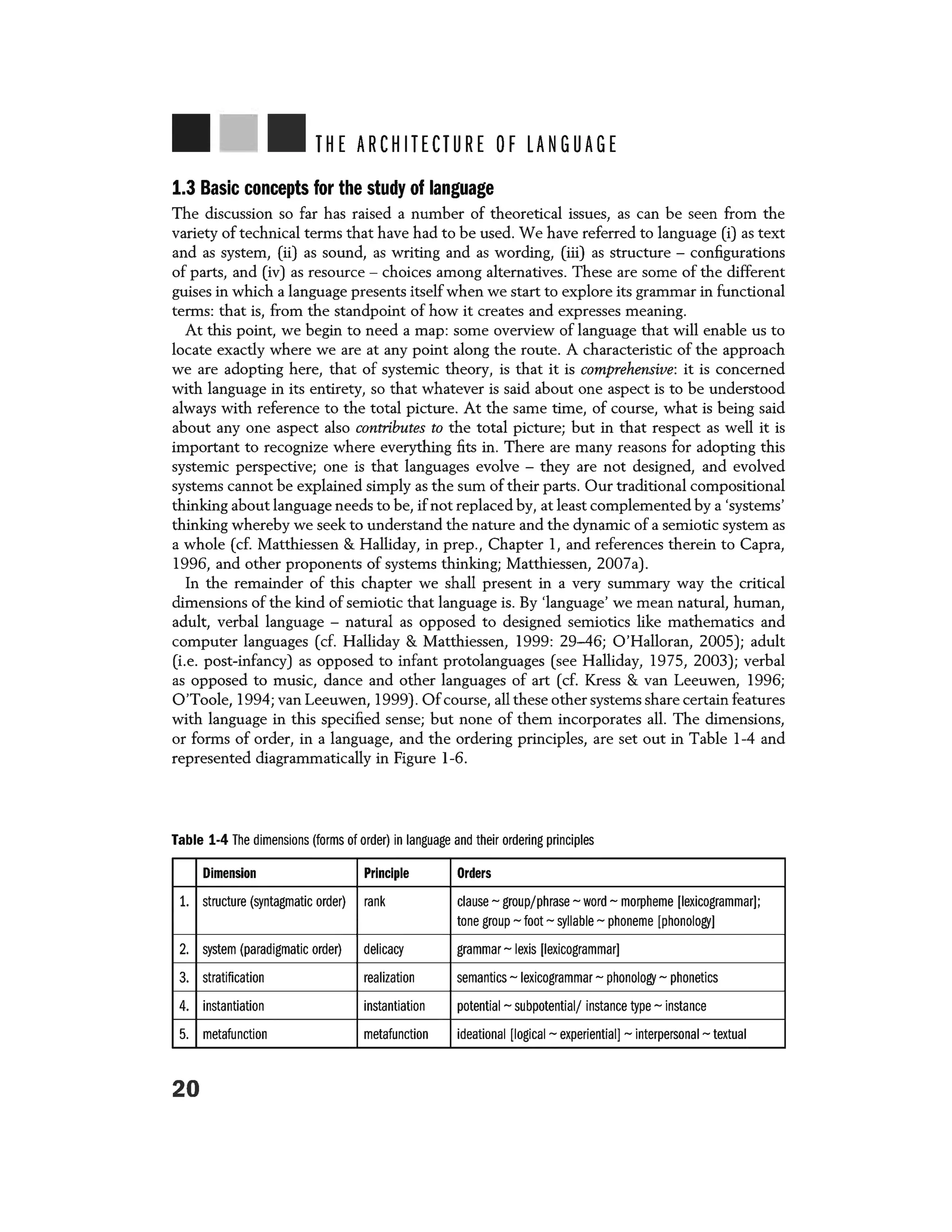 THE ARCHITECTURE OF LANGUAGE
1.3 Basic concepts for the study of language
The discussion so far has raised a number of theoretical issues, as can be seen from the
variety of technical terms that have had to be used. We have referred to language (i) as text
and as system, (ii) as sound, as writing and as wording, (iii) as structure - configurations
of parts, and (iv) as resource - choices among alternatives. These are some of the different
guises in which a language presents itself when we start to explore its grammar in functional
terms: that is, from the standpoint of how it creates and expresses meaning.
At this point, we begin to need a map: some overview of language that will enable us to
locate exactly where we are at any point along the route. A characteristic of the approach
we are adopting here, that of systemic theory, is that it is comprehensive: it is concerned
with language in its entirety, so that whatever is said about one aspect is to be understood
always with reference to the total picture. At the same time, of course, what is being said
about any one aspect also contributes to the total picture; but in that respect as well it is
important to recognize where everything fits in. There are many reasons for adopting this
systemic perspective; one is that languages evolve - they are not designed, and evolved
systems cannot be explained simply as the sum of their parts. Our traditional compositional
thinking about language needs to be, if not replaced by, at least complemented by a 'systems'
thinking whereby we seek to understand the nature and the dynamic of a semiotic system as
a whole (cf. Matthiessen & Halliday, in prep., Chapter 1, and references therein to Capra,
1996, and other proponents of systems thinking; Matthiessen, 2007a).
In the remainder of this chapter we shall present in a very summary way the critical
dimensions of the kind of semiotic that language is. By 'language' we mean natural, human,
adult, verbal language - natural as opposed to designed semiotics like mathematics and
computer languages (cf. Halliday & Matthiessen, 1999: 29-46; O'Halloran, 2005); adult
(i.e. post-infancy) as opposed to infant protolanguages (see Halliday, 1975, 2003); verbal
as opposed to music, dance and other languages of art (cf. Kress & van Leeuwen, 1996;
O'Toole, 1994; van Leeuwen, 1999). Ofcourse, all these other systems share certain features
with language in this specified sense; but none of them incorporates all. The dimensions,
or forms of order, in a language, and the ordering principles, are set out in Table 1-4 and
represented diagrammatically in Figure 1-6.
Table 1-4 The dimensions (forms of order) in language and their ordering principles
Dimension Principle Orders
1. structure (syntagmatic order) rank clause- group/phrase-word - morpheme [lexicogrammar];
tone group - foot - syllable - phoneme [phonology]
2. system (paradigmatic order) delicacy grammar - lexis [lexicogrammar]
3. stratification realization semantics - lexicogrammar - phonology - phonetics
4. instantiation instantiation potential - subpotential/ instance type - instance
5. metafunction metafunction ideational [logical - experiential] - interpersonal - textual
20
 