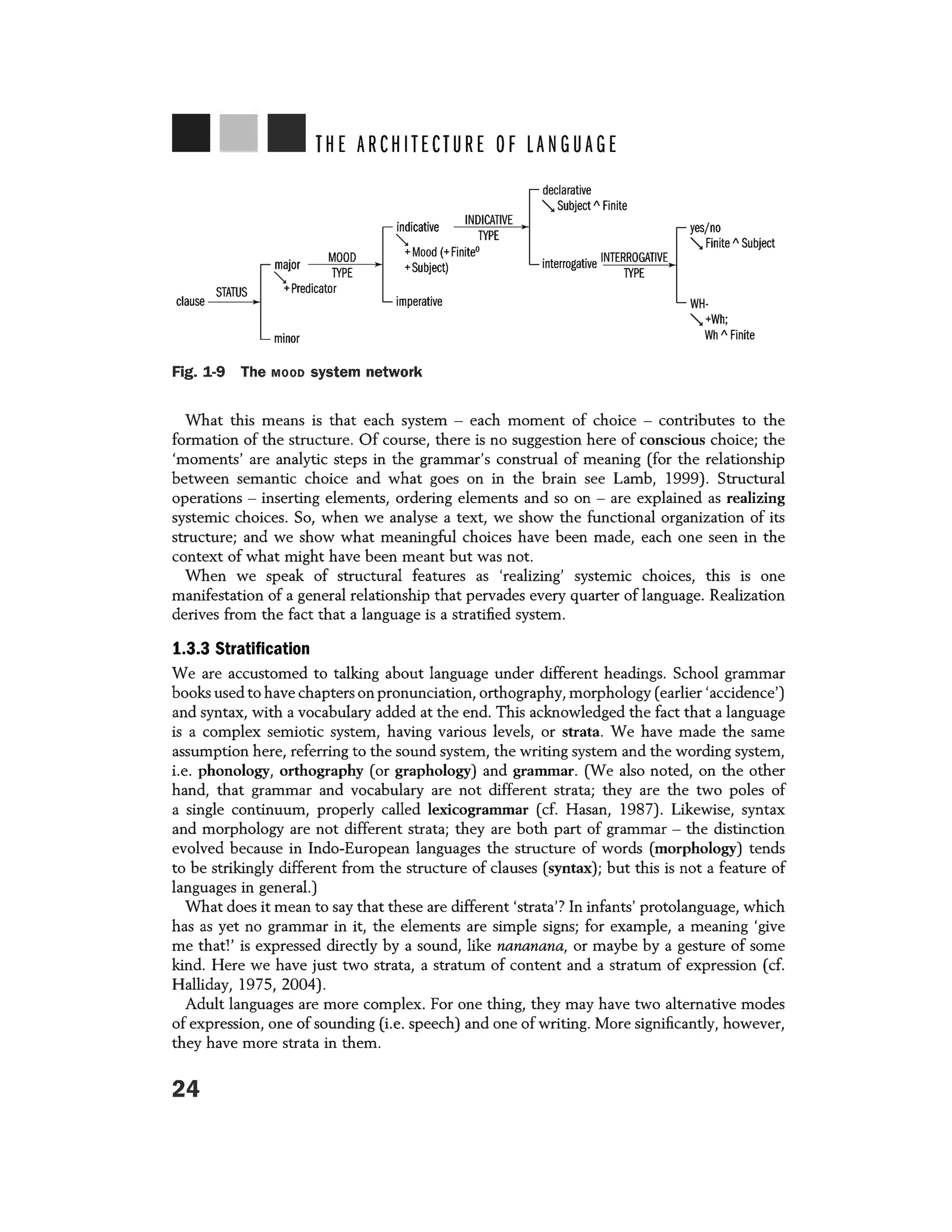 THE ARCHITECTURE OF LANGUAGE
. MOOD
maior lYPE
"" .
+Predicator
clause
minor
indicative
""
INDICATIVE
lYPE
+Mood (+ Finite0
+Subject)
imperative
Fig. 1-9 The Mooo system network
declarative
">.Subject" Finite
interrogative INTERROGATIVE
lYPE
l
~~~te" Subject
WH-
'-',. +Wh;
Wh" Finite
What this means is that each system - each moment of choice - contributes to the
formation of the structure. Of course, there is no suggestion here of conscious choice; the
'moments' are analytic steps in the grammar's construal of meaning (for the relationship
between semantic choice and what goes on in the brain see Lamb, 1999). Structural
operations - inserting elements, ordering elements and so on - are explained as realizing
systemic choices. So, when we analyse a text, we show the functional organization of its
structure; and we show what meaningful choices have been made, each one seen in the
context of what might have been meant but was not.
When we speak of structural features as 'realizing' systemic choices, this is one
manifestation of a general relationship that pervades every quarter of language. Realization
derives from the fact that a language is a stratified system.
1.3.3 Stratification
We are accustomed to talking about language under different headings. School grammar
books used to have chapters on pronunciation, orthography, morphology (earlier 'accidence')
and syntax, with a vocabulary added at the end. This acknowledged the fact that a language
is a complex semiotic system, having various levels, or strata. We have made the same
assumption here, referring to the sound system, the writing system and the wording system,
i.e. phonology, orthography (or graphology) and grammar. (We also noted, on the other
hand, that grammar and vocabulary are not different strata; they are the two poles of
a single continuum, properly called lexicogrammar (cf. Hasan, 1987). Likewise, syntax
and morphology are not different strata; they are both part of grammar - the distinction
evolved because in Inda-European languages the structure of words (morphology) tends
to be strikingly different from the structure of clauses (syntax); but this is not a feature of
languages in general.)
What does it mean to say that these are different 'strata'? In infants' protolanguage, which
has as yet no grammar in it, the elements are simple signs; for example, a meaning 'give
me that:' is expressed directly by a sound, like nananana, or maybe by a gesture of some
kind. Here we have just two strata, a stratum of content and a stratum of expression (cf.
Halliday, 1975, 2004).
Adult languages are more complex. For one thing, they may have two alternative modes
of expression, one of sounding (i.e. speech) and one of writing. More significantly, however,
they have more strata in them.
24
 