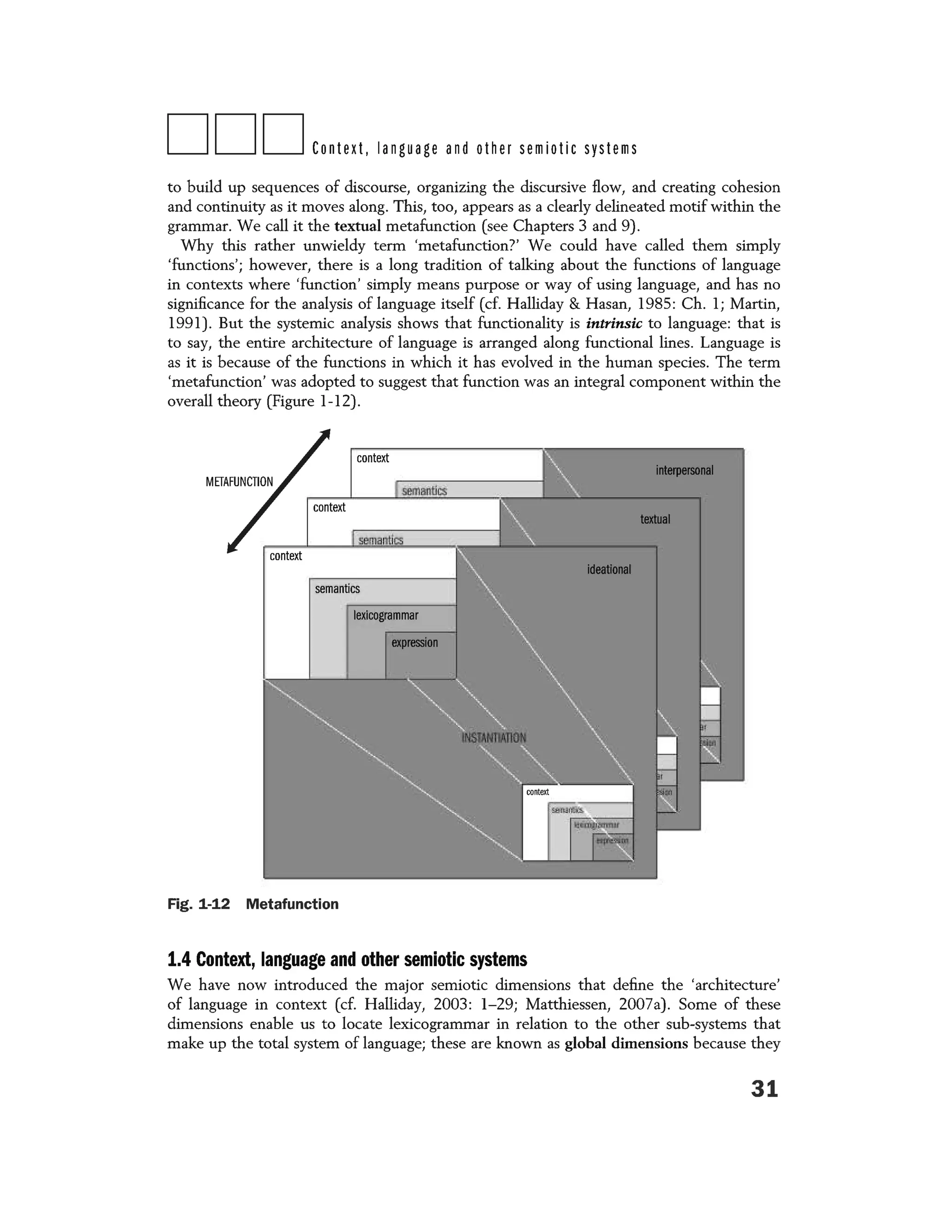 DDDContext, language and other semiotic systems
to build up sequences of discourse, organizing the discursive flow, and creating cohesion
and continuity as it moves along. This, too, appears as a clearly delineated motif within the
grammar. We call it the textual metafunction (see Chapters 3 and 9).
Why this rather unwieldy term 'metafunction?' We could have called them simply
'functions'; however, there is a long tradition of talking about the functions of language
in contexts where 'function' simply means purpose or way of using language, and has no
significance for the analysis of language itself (cf. Halliday & Hasan, 1985: Ch. l; Martin,
1991). But the systemic analysis shows that functionality is intrinsic to language: that is
to say, the entire architecture of language is arranged along functional lines. Language is
as it is because of the functions in which it has evolved in the human species. The term
'metafunction' was adopted to suggest that function was an integral component within the
overall theory (Figure 1-12).
Fig. 1-12 Metafunction
1.4 Context, language and other semiotic systems
We have now introduced the major semiotic dimensions that define the 'architecture'
of language in context (cf. Halliday, 2003: 1- 29; Matthiessen, 2007a) . Some of these
dimensions enable us to locate lexicogrammar in relation to the other sub-systems that
make up the total system of language; these are known as global dimensions because they
31
 