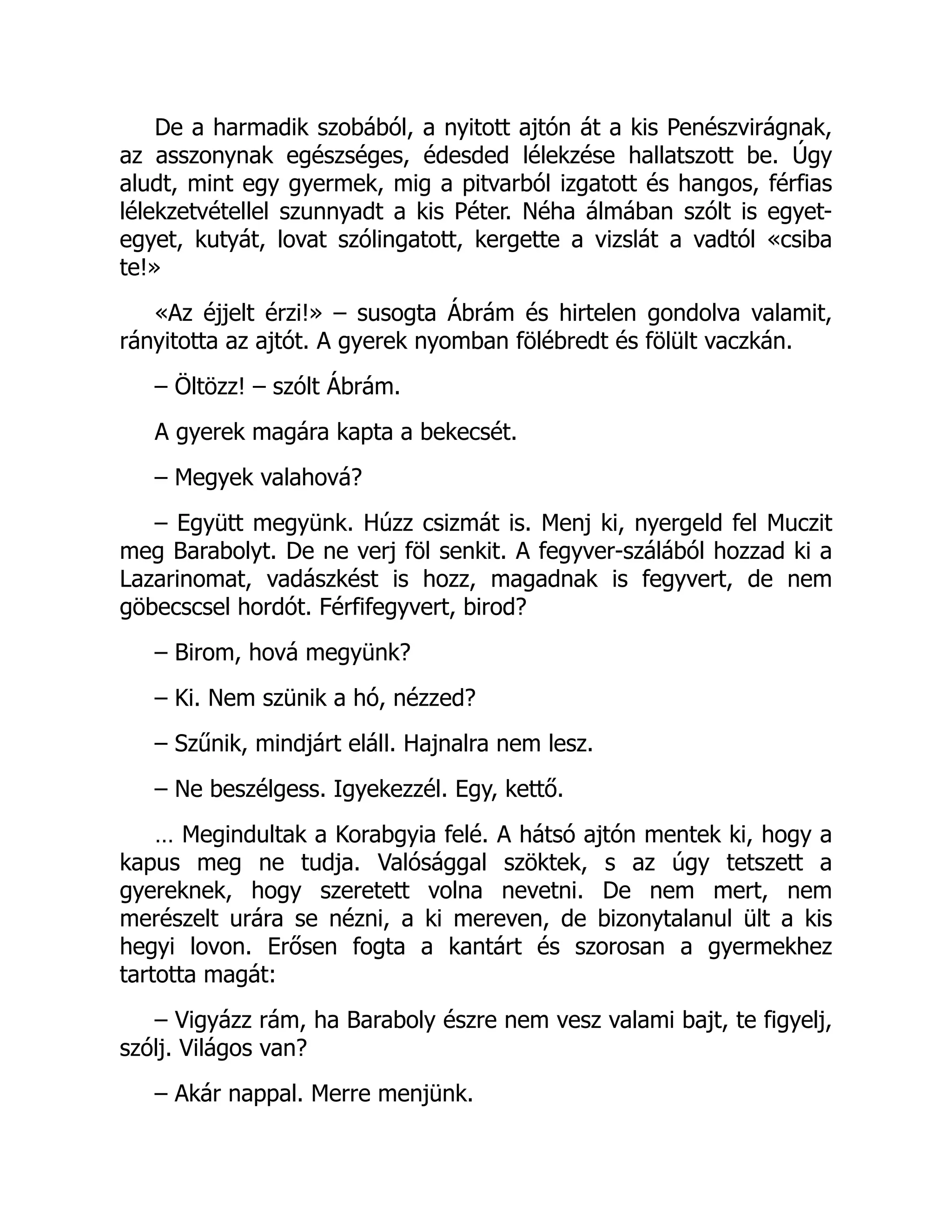 De a harmadik szobából, a nyitott ajtón át a kis Penészvirágnak,
az asszonynak egészséges, édesded lélekzése hallatszott be. Úgy
aludt, mint egy gyermek, mig a pitvarból izgatott és hangos, férfias
lélekzetvétellel szunnyadt a kis Péter. Néha álmában szólt is egyet-
egyet, kutyát, lovat szólingatott, kergette a vizslát a vadtól «csiba
te!»
«Az éjjelt érzi!» – susogta Ábrám és hirtelen gondolva valamit,
rányitotta az ajtót. A gyerek nyomban fölébredt és fölült vaczkán.
– Öltözz! – szólt Ábrám.
A gyerek magára kapta a bekecsét.
– Megyek valahová?
– Együtt megyünk. Húzz csizmát is. Menj ki, nyergeld fel Muczit
meg Barabolyt. De ne verj föl senkit. A fegyver-szálából hozzad ki a
Lazarinomat, vadászkést is hozz, magadnak is fegyvert, de nem
göbecscsel hordót. Férfifegyvert, birod?
– Birom, hová megyünk?
– Ki. Nem szünik a hó, nézzed?
– Szűnik, mindjárt eláll. Hajnalra nem lesz.
– Ne beszélgess. Igyekezzél. Egy, kettő.
… Megindultak a Korabgyia felé. A hátsó ajtón mentek ki, hogy a
kapus meg ne tudja. Valósággal szöktek, s az úgy tetszett a
gyereknek, hogy szeretett volna nevetni. De nem mert, nem
merészelt urára se nézni, a ki mereven, de bizonytalanul ült a kis
hegyi lovon. Erősen fogta a kantárt és szorosan a gyermekhez
tartotta magát:
– Vigyázz rám, ha Baraboly észre nem vesz valami bajt, te figyelj,
szólj. Világos van?
– Akár nappal. Merre menjünk.
 