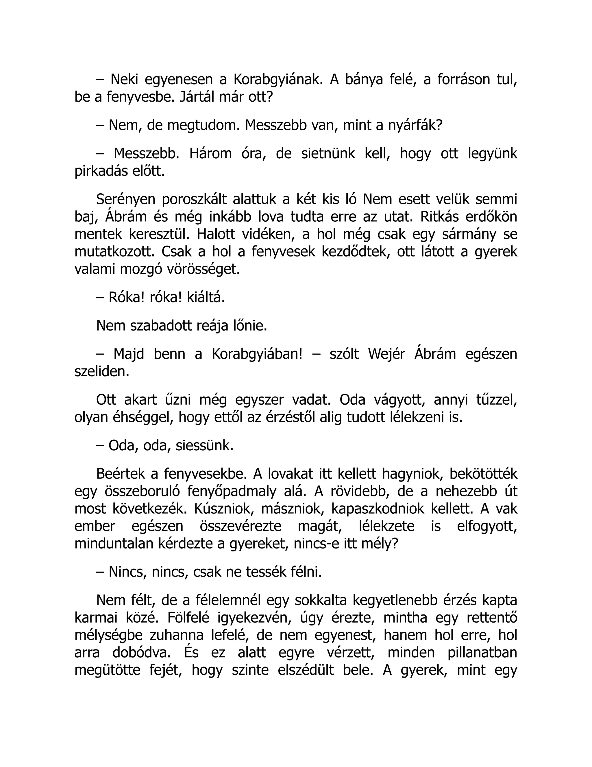– Neki egyenesen a Korabgyiának. A bánya felé, a forráson tul,
be a fenyvesbe. Jártál már ott?
– Nem, de megtudom. Messzebb van, mint a nyárfák?
– Messzebb. Három óra, de sietnünk kell, hogy ott legyünk
pirkadás előtt.
Serényen poroszkált alattuk a két kis ló Nem esett velük semmi
baj, Ábrám és még inkább lova tudta erre az utat. Ritkás erdőkön
mentek keresztül. Halott vidéken, a hol még csak egy sármány se
mutatkozott. Csak a hol a fenyvesek kezdődtek, ott látott a gyerek
valami mozgó vörösséget.
– Róka! róka! kiáltá.
Nem szabadott reája lőnie.
– Majd benn a Korabgyiában! – szólt Wejér Ábrám egészen
szeliden.
Ott akart űzni még egyszer vadat. Oda vágyott, annyi tűzzel,
olyan éhséggel, hogy ettől az érzéstől alig tudott lélekzeni is.
– Oda, oda, siessünk.
Beértek a fenyvesekbe. A lovakat itt kellett hagyniok, bekötötték
egy összeboruló fenyőpadmaly alá. A rövidebb, de a nehezebb út
most következék. Kúszniok, mászniok, kapaszkodniok kellett. A vak
ember egészen összevérezte magát, lélekzete is elfogyott,
minduntalan kérdezte a gyereket, nincs-e itt mély?
– Nincs, nincs, csak ne tessék félni.
Nem félt, de a félelemnél egy sokkalta kegyetlenebb érzés kapta
karmai közé. Fölfelé igyekezvén, úgy érezte, mintha egy rettentő
mélységbe zuhanna lefelé, de nem egyenest, hanem hol erre, hol
arra dobódva. És ez alatt egyre vérzett, minden pillanatban
megütötte fejét, hogy szinte elszédült bele. A gyerek, mint egy
 