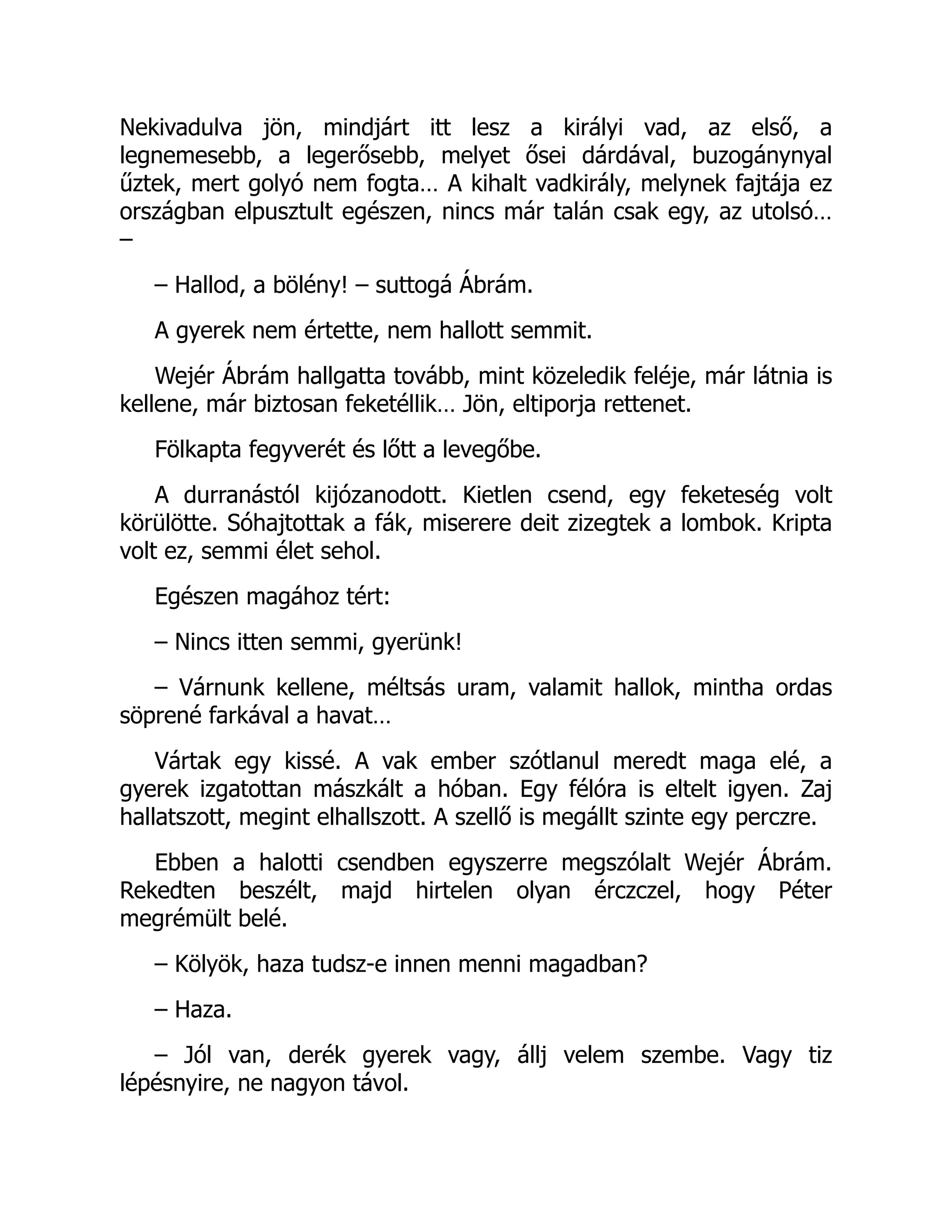Nekivadulva jön, mindjárt itt lesz a királyi vad, az első, a
legnemesebb, a legerősebb, melyet ősei dárdával, buzogánynyal
űztek, mert golyó nem fogta… A kihalt vadkirály, melynek fajtája ez
országban elpusztult egészen, nincs már talán csak egy, az utolsó…
–
– Hallod, a bölény! – suttogá Ábrám.
A gyerek nem értette, nem hallott semmit.
Wejér Ábrám hallgatta tovább, mint közeledik feléje, már látnia is
kellene, már biztosan feketéllik… Jön, eltiporja rettenet.
Fölkapta fegyverét és lőtt a levegőbe.
A durranástól kijózanodott. Kietlen csend, egy feketeség volt
körülötte. Sóhajtottak a fák, miserere deit zizegtek a lombok. Kripta
volt ez, semmi élet sehol.
Egészen magához tért:
– Nincs itten semmi, gyerünk!
– Várnunk kellene, méltsás uram, valamit hallok, mintha ordas
söprené farkával a havat…
Vártak egy kissé. A vak ember szótlanul meredt maga elé, a
gyerek izgatottan mászkált a hóban. Egy félóra is eltelt igyen. Zaj
hallatszott, megint elhallszott. A szellő is megállt szinte egy perczre.
Ebben a halotti csendben egyszerre megszólalt Wejér Ábrám.
Rekedten beszélt, majd hirtelen olyan érczczel, hogy Péter
megrémült belé.
– Kölyök, haza tudsz-e innen menni magadban?
– Haza.
– Jól van, derék gyerek vagy, állj velem szembe. Vagy tiz
lépésnyire, ne nagyon távol.
Á
 