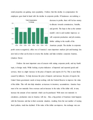 rental properties are gaining more popularity. I believe that this decline in compensation for
employees goes hand in hand with the decline in corporate profits. If businesses are realizing a
decrease in profits, there will be less money
to allocate towards commissions, benefits,
and growth. The hope is that as the summer
month’s role in and weather improves so
will corporate production and job creation,
further adding to the wealth of the
American people. The decline in corporate
profit seems to negatively affect two of America’s most important markets (job and housing) lets
next look at what can be done to reverse this decline and help revitalize corporate America.
(Andrew Davis)
I believe the most important area of concern with raising corporate profit, and my fourth
topic, is foreign trade. While looking at price indicators of imported and exported goods and
services, there is a slight increase in the price of imports and exports (0.1%). This is most likely
caused by inflation. To help decrease the price of imports and increase the price of exports the
United States government needs to keep working with the Federal Reserve to improve the value
of the dollar. This will also help stimulate an increase in inventory accumulation. America buys
most of its raw materials from overseas and an increase in the value of the dollar will, in turn,
increase the amount of raw materials which can be purchased. With more raw materials in
circulation, production rates in America will rise. Also, a big portion of American trade happens
with the Eurozone and due to their economic situation, resulting from the vast number of varying
fiscal policies, trade has declined. If the value of the dollar can improve, the exchange rate can
 
