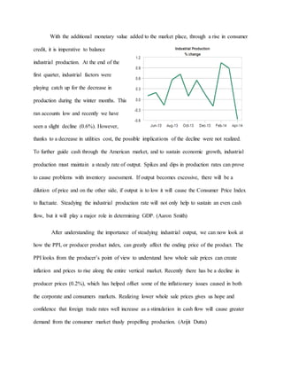 With the additional monetary value added to the market place, through a rise in consumer
credit, it is imperative to balance
industrial production. At the end of the
first quarter, industrial factors were
playing catch up for the decrease in
production during the winter months. This
ran accounts low and recently we have
seen a slight decline (0.6%). However,
thanks to a decrease in utilities cost, the possible implications of the decline were not realized.
To further guide cash through the American market, and to sustain economic growth, industrial
production must maintain a steady rate of output. Spikes and dips in production rates can prove
to cause problems with inventory assessment. If output becomes excessive, there will be a
dilution of price and on the other side, if output is to low it will cause the Consumer Price Index
to fluctuate. Steadying the industrial production rate will not only help to sustain an even cash
flow, but it will play a major role in determining GDP. (Aaron Smith)
After understanding the importance of steadying industrial output, we can now look at
how the PPI, or producer product index, can greatly affect the ending price of the product. The
PPI looks from the producer’s point of view to understand how whole sale prices can create
inflation and prices to rise along the entire vertical market. Recently there has be a decline in
producer prices (0.2%), which has helped offset some of the inflationary issues caused in both
the corporate and consumers markets. Realizing lower whole sale prices gives us hope and
confidence that foreign trade rates well increase as a stimulation in cash flow will cause greater
demand from the consumer market thusly propelling production. (Arijit Dutta)
 