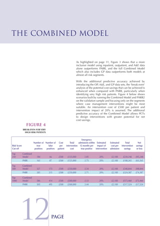 12page
As highlighted on page 11, Figure 3 shows that a more
inclusive model using inpatient, outpatient, and A&E data
alone outperforms PARR, and the full Combined Model
which also includes GP data outperforms both models at
almost all risk segments.
With the additional predictive accuracy achieved by
introducing the OP, A&E, and GP data sets, the ‘break even’
analysis of the potential cost savings that can be achieved is
enhanced when compared with PARR, particularly when
identifying very high risk patients. Figure 4 below shows
scenarios built by running the Combined Model and PARR2
on the validation sample and focusing only on the segments
where case management interventions might be most
suitable. An intervention cost of £500 per patient and
intervention impact of 20% is assumed. The additional
predictive accuracy of the Combined Model allows PCTs
to design interventions with greater potential for net
cost savings.
THE COMBINED MODEL
FIGURE 4
BREAK-EVEN FOR VERY
HIGH RISK PATIENTS
Emergency
Number of Number of Cost Total admissions within Estimated Estimated Total Net
Risk Score true false per intervention 12 months per impact of cost per intervention savings
Cut-off positives positives patient cost true positive intervention admission savings or loss
Top Combined
250 Model 184 66 £500 £125,000 2.85 20% £2,100 £220,248 £95,248
PARR 163 87 £500 £125,000 2.75 20% £2,100 £188,265 £63,265
Top Combined
500 Model 327 173 £500 £250,000 2.54 20% £2,100 £348,844 £98,844
PARR 285 215 £500 £250,000 2.71 20% £2,100 £324,387 £74,387
Top Combined
1000 Model 586 414 £500 £500,000 2.33 20% £2,100 £573,460 £73,460
PARR 505 495 £500 £500,000 2.44 20% £2,100 £517,524 £17,524
 