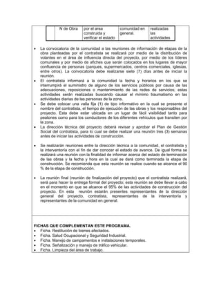 N de Obra     por el area           comunidad en    realizadas
                             construida y          general.        las
                             verificar el estado                   actividades

•   La convocatoria de la comunidad a las reuniones de información de etapas de la
    obra planteadas por el contratista se realizará por medio de la distribución de
    volantes en el área de influencia directa del proyecto, por medio de los líderes
    comunales y por medio de afiches que serán colocados en los lugares de mayor
    confluencia de personas (parques, supermercados, centros comerciales, iglesias,
    entre otros). La convocatoria debe realizarse siete (7) días antes de iniciar la
    reunión.
•   El contratista informará a la comunidad la fecha y horarios en los que se
    interrumpirá el suministro de alguno de los servicios públicos por causa de las
    adecuaciones, reposiciones o mantenimiento de las redes de servicios; estas
    actividades serán realizadas buscando causar el mínimo traumatismo en las
    actividades diarias de las personas de la zona.
•   Se debe colocar una valla fija (1) de tipo informativo en la cual se presente el
    nombre del contratista, el tiempo de ejecución de las obras y los responsables del
    proyecto. Esta debe estar ubicada en un lugar de fácil visibilidad tanto para
    peatones como para los conductores de los diferentes vehículos que transiten por
    la zona.
•   La dirección técnica del proyecto deberá revisar y aprobar el Plan de Gestión
    Social del contratista, para lo cual se debe realizar una reunión tres (3) semanas
    antes de iniciar las actividades de construcción.

•   Se realizarán reuniones entre la dirección técnica a la comunidad, el contratista y
    la interventoría con el fin de dar conocer el estado de avance. De igual forma se
    realizará una reunión con la finalidad de informar acerca del estado de terminación
    de las obras y la fecha y hora en la cual se dará como terminada la etapa de
    construcción. Se recomienda que esta reunión se realice cuando se alcance el 90
    % de la etapa de construcción.

•   La reunión final (reunión de finalización del proyecto) que el contratista realizará,
    será para hacer la entrega formal del proyecto; esta reunión se debe llevar a cabo
    en el momento en que se alcance el 95% de las actividades de construcción del
    proyecto. En esta reunión estarán presentes representantes de la dirección
    general del proyecto, contratista, representantes de la interventoría y
    representantes de la comunidad en general.




FICHAS QUE COMPLEMENTAN ESTE PROGRAMA.
• Ficha. Restitución de bienes afectados.
• Ficha. Salud Ocupacional y Seguridad Industrial.
• Ficha. Manejo de campamentos e instalaciones temporales.
• Ficha. Señalización y manejo de tráfico vehicular.
• Ficha. Limpieza del área de trabajo.
 