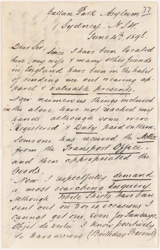 Letters from patients, 1890s [Callan Park Mental Hospital]