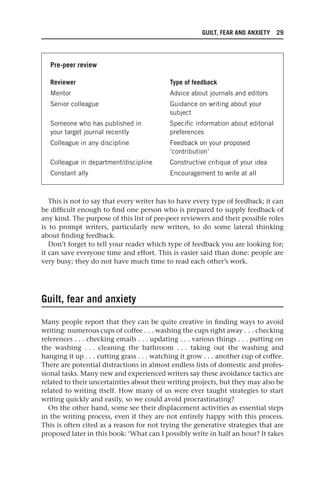 GUILT, FEAR AND ANXIETY 29
Pre-peer review
Reviewer Type of feedback
Mentor Advice about journals and editors
Senior colleague Guidance on writing about your
subject
Someone who has published in Specific information about editorial
your target journal recently preferences
Colleague in any discipline Feedback on your proposed
‘contribution’
Colleague in department/discipline Constructive critique of your idea
Constant ally Encouragement to write at all
This is not to say that every writer has to have every type of feedback; it can
be difficult enough to find one person who is prepared to supply feedback of
any kind. The purpose of this list of pre-peer reviewers and their possible roles
is to prompt writers, particularly new writers, to do some lateral thinking
about finding feedback.
Don’t forget to tell your reader which type of feedback you are looking for;
it can save everyone time and effort. This is easier said than done: people are
very busy; they do not have much time to read each other’s work.
Guilt, fear and anxiety
Many people report that they can be quite creative in finding ways to avoid
writing: numerous cups of coffee . . . washing the cups right away . . . checking
references . . . checking emails . . . updating . . . various things . . . putting on
the washing . . . cleaning the bathroom . . . taking out the washing and
hanging it up . . . cutting grass . . . watching it grow . . . another cup of coffee.
There are potential distractions in almost endless lists of domestic and profes-
sional tasks. Many new and experienced writers say these avoidance tactics are
related to their uncertainties about their writing projects, but they may also be
related to writing itself. How many of us were ever taught strategies to start
writing quickly and easily, so we could avoid procrastinating?
On the other hand, some see their displacement activities as essential steps
in the writing process, even if they are not entirely happy with this process.
This is often cited as a reason for not trying the generative strategies that are
proposed later in this book: ‘What can I possibly write in half an hour? It takes
25540.indb 29
25540.indb 29 16/08/2013 09:11
16/08/2013 09:11
 