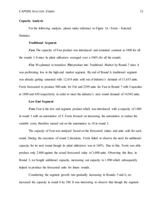 CAPSIM ANALYSIS: FERRIS 12
Capacity Analysis
For the following analysis, please make reference to Figure 16 - Ferris - Selected
Statistics.
Traditional Segment
Fast. The capacity of Fast product was introduced and remained constant at 1800 for all
the rounds 1-8 since its plant utilization averaged over a 106% for all the rounds.
Fist. We planned to transition Fist product into Traditional Market by Round 7 since it
was performing low in the high-end market segment. By end of Round 6, traditional segment
was already getting saturated with 12,418 units sold out of industry’s demand of 13,633 units.
Ferris forecasted to produce 900 units for Fist and 2299 units for Fast in Round 7 with Capacities
at 1800 and 650 respectively in order to meet the industry’s next round demand of 14,942 units.
Low End Segment
Feat. Feat is the low end segment product which was introduced with a capacity of 1400
in round 1 with an automation of 5. Ferris focused on increasing the automation to reduce the
variable costs, therefore maxed out on the automation to 10 in round 2.
The capacity of Feat was analyzed based on the forecasted values and units sold for each
round. During the execution of round 2 decisions, Ferris failed to observe the need for additional
capacity for its next round though its plant utilization was at 160%. Due to this, Ferris was able
produce only 2,800 against the actual forecasted value of 3,000 units. Observing this flaw, in
Round 3, we bought additional capacity, increasing our capacity to 1,900 which subsequently
helped to produce the forecasted units for future rounds.
Considering the segment growth rate gradually increasing in Rounds 5 and 6, we
increased the capacity in round 6 by 100. It was interesting to observe that though the segment
 
