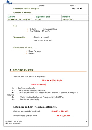 ITSGRTM GME 2
Superficie nette à équiper: 19,1815 Ha
Cultures à irriguer :
Culture Superficie (ha) Densité
POMMIER ET POIRIER 18,19 3,00x5,00
Sol:
 Texture : Limono argileux
 Perméabilité : 13 mm/h
Topographie : Terrain Accidenté
(Voir fichier AutoCAD)
Ressources en eau:
 Deux forages
 Bassin
2. BESOINS EN EAU :
- Besoin brut (Bb) en eau d’irrigation :
Bb = Kc x ETo x Kr/Ea
Bb = 4,69 mm/j
Kc : Coefficient cultural ;
ETo : Évapotranspiration de référence ;
Kr : Coefficient de réduction dépendant du taux de couverture du sol par la
culture ;
Ea : Efficience d’application de l’eau à la parcelle (90%).
Bb : Besoin brute (m3
/mois).
Le tableau de bilan (Ressources/Besoins).
-Besoin brute net (Bn) en (mm) : Bn=Kc x ETo x Kr
-Pluie efficace (Pe) en (mm) : Pe = 0,65 x P
RAPPORT DE STAGE 9
NOUACH Mohamed
 