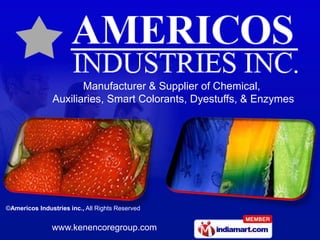 Manufacturer & Supplier of Chemical,
               Auxiliaries, Smart Colorants, Dyestuffs, & Enzymes




©Americos Industries inc., All Rights Reserved


               www.kenencoregroup.com
 