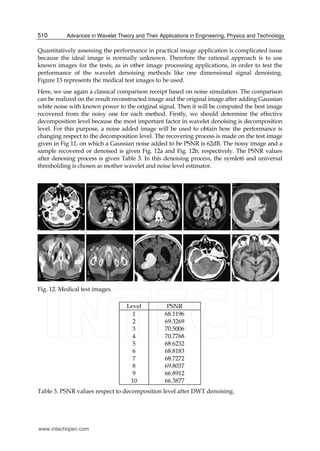 Advances in Wavelet Theory and Their Applications in Engineering, Physics and Technology510
Quantitatively assessing the performance in practical image application is complicated issue
because the ideal image is normally unknown. Therefore the rational approach is to use
known images for the tests, as in other image processing applications, in order to test the
performance of the wavelet denoising methods like one dimensional signal denoising.
Figure 13 represents the medical test images to be used.
Here, we use again a classical comparison receipt based on noise simulation. The comparison
can be realized on the result reconstructed image and the original image after adding Gaussian
white noise with known power to the original signal. Then it will be computed the best image
recovered from the noisy one for each method. Firstly, we should determine the effective
decomposition level because the most important factor in wavelet denoising is decomposition
level. For this purpose, a noise added image will be used to obtain how the performance is
changing respect to the decomposition level. The recovering process is made on the test image
given in Fig 11, on which a Gaussian noise added to be PSNR is 62dB. The noisy image and a
sample recovered or denoised is given Fig. 12a and Fig. 12b, respectively. The PSNR values
after denosing process is given Table 3. In this denoising process, the symlet6 and universal
thresholding is chosen as mother wavelet and noise level estimator.
Fig. 12. Medical test images.
Level PSNR
1
2
3
4
5
6
7
8
9
10
68.1196
69.3269
70.5006
70.7768
68.6232
68.8183
68.7272
69.8037
66.8912
66.3877
Table 3. PSNR values respect to decomposition level after DWT denoising.
www.intechopen.com
 