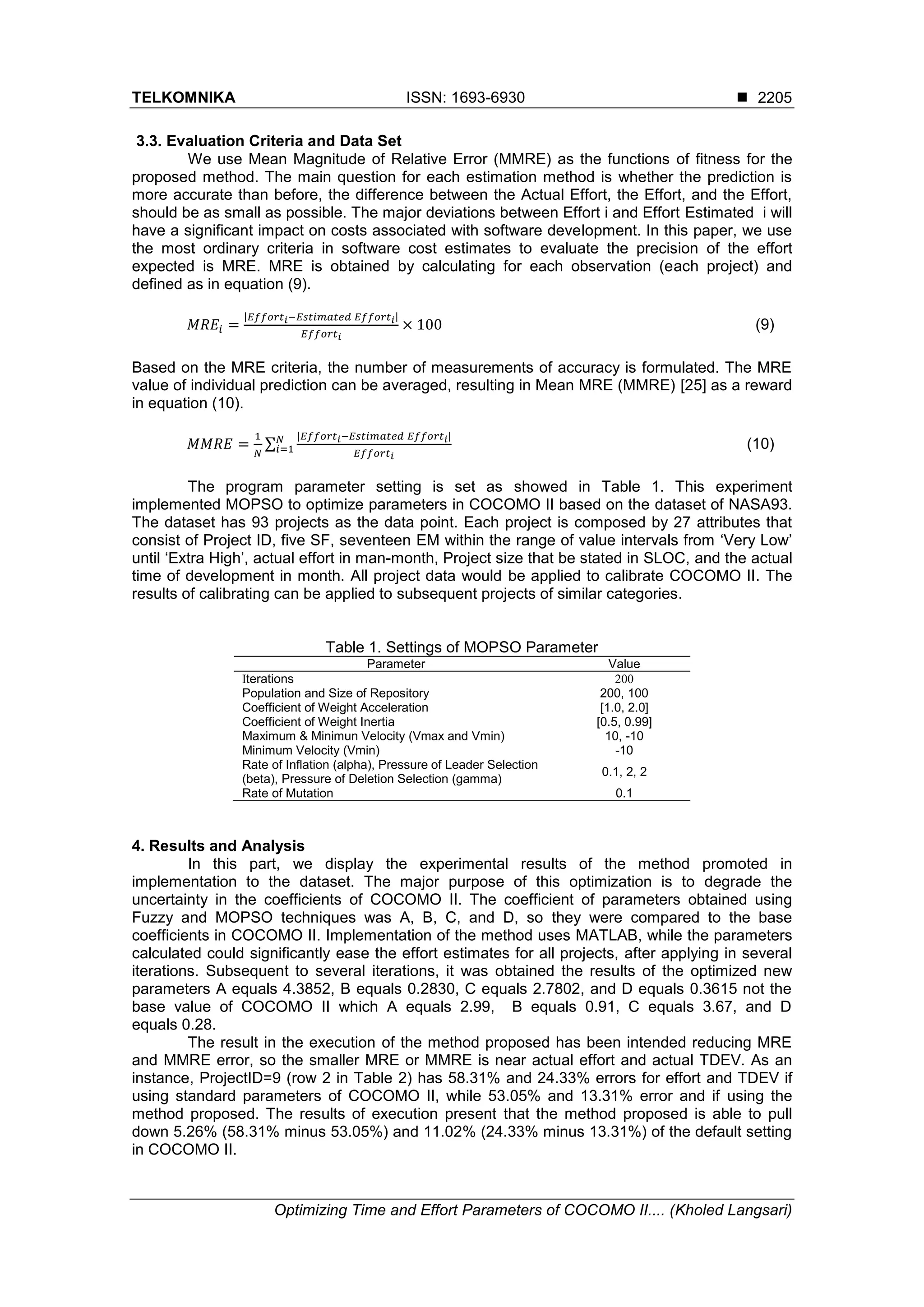 TELKOMNIKA ISSN: 1693-6930  Optimizing Time and Effort Parameters of COCOMO II.... (Kholed Langsari) 2205 3.3. Evaluation Criteria and Data Set We use Mean Magnitude of Relative Error (MMRE) as the functions of fitness for the proposed method. The main question for each estimation method is whether the prediction is more accurate than before, the difference between the Actual Effort, the Effort, and the Effort, should be as small as possible. The major deviations between Effort i and Effort Estimated i will have a significant impact on costs associated with software development. In this paper, we use the most ordinary criteria in software cost estimates to evaluate the precision of the effort expected is MRE. MRE is obtained by calculating for each observation (each project) and defined as in equation (9). | | (9) Based on the MRE criteria, the number of measurements of accuracy is formulated. The MRE value of individual prediction can be averaged, resulting in Mean MRE (MMRE) [25] as a reward in equation (10). ∑ | | (10) The program parameter setting is set as showed in Table 1. This experiment implemented MOPSO to optimize parameters in COCOMO II based on the dataset of NASA93. The dataset has 93 projects as the data point. Each project is composed by 27 attributes that consist of Project ID, five SF, seventeen EM within the range of value intervals from ‘Very Low’ until ‘Extra High’, actual effort in man-month, Project size that be stated in SLOC, and the actual time of development in month. All project data would be applied to calibrate COCOMO II. The results of calibrating can be applied to subsequent projects of similar categories. Table 1. Settings of MOPSO Parameter Parameter Value Iterations 200 Population and Size of Repository 200, 100 Coefficient of Weight Acceleration [1.0, 2.0] Coefficient of Weight Inertia [0.5, 0.99] Maximum & Minimun Velocity (Vmax and Vmin) 10, -10 Minimum Velocity (Vmin) -10 Rate of Inflation (alpha), Pressure of Leader Selection (beta), Pressure of Deletion Selection (gamma) 0.1, 2, 2 Rate of Mutation 0.1 4. Results and Analysis In this part, we display the experimental results of the method promoted in implementation to the dataset. The major purpose of this optimization is to degrade the uncertainty in the coefficients of COCOMO II. The coefficient of parameters obtained using Fuzzy and MOPSO techniques was A, B, C, and D, so they were compared to the base coefficients in COCOMO II. Implementation of the method uses MATLAB, while the parameters calculated could significantly ease the effort estimates for all projects, after applying in several iterations. Subsequent to several iterations, it was obtained the results of the optimized new parameters A equals 4.3852, B equals 0.2830, C equals 2.7802, and D equals 0.3615 not the base value of COCOMO II which A equals 2.99, B equals 0.91, C equals 3.67, and D equals 0.28. The result in the execution of the method proposed has been intended reducing MRE and MMRE error, so the smaller MRE or MMRE is near actual effort and actual TDEV. As an instance, ProjectID=9 (row 2 in Table 2) has 58.31% and 24.33% errors for effort and TDEV if using standard parameters of COCOMO II, while 53.05% and 13.31% error and if using the method proposed. The results of execution present that the method proposed is able to pull down 5.26% (58.31% minus 53.05%) and 11.02% (24.33% minus 13.31%) of the default setting in COCOMO II. 