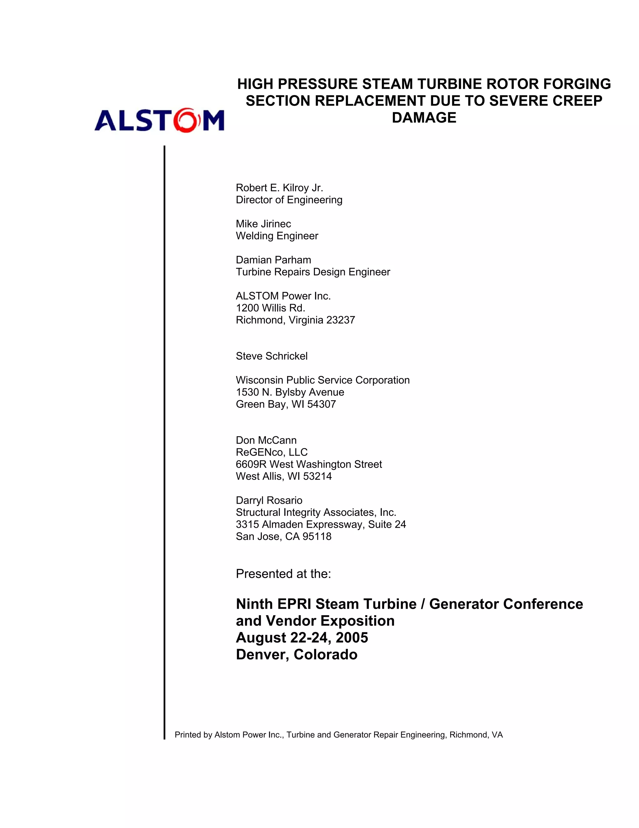 ALSTOM TECHNICAL PAPER - 2005 EPRI Pulliam #6 HP Rotor Forging Section ...