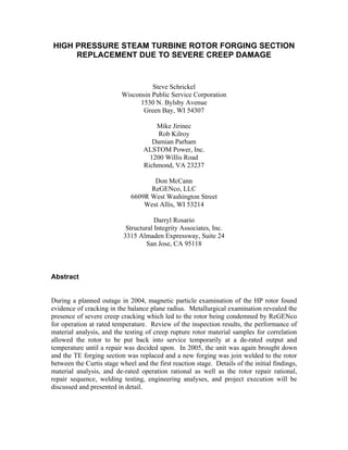 ALSTOM TECHNICAL PAPER - 2005 EPRI Pulliam #6 HP Rotor Forging Section ...