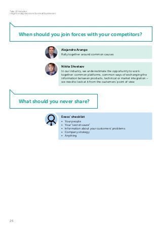 26
Take 10 minutes:
insight on big decisions for small businesses
What should you never share?
When should you join forces with your competitors?
Alejandro Arango
Rally together around common causes
Nikita Shvetsov
In our industry, we underestimate the opportunity to work
together: common platforms, common ways of exchanging the
information between products, technical or market integration –
we need to look at it from the customers’ point of view
Execs’ checklist
•	 Your people
•	 Your “secret sauce”
•	 Information about your customers’ problems
•	 Company strategy
•	Anything
 