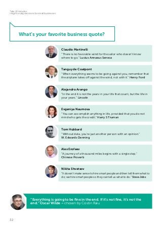 32
Take 10 minutes:
insight on big decisions for small businesses
Tom Hubbard
“Without data, you’re just another person with an opinion.”
W. Edwards Denning
Evgeniya Naumova
“You can accomplish anything in life, provided that you do not
mind who gets the credit.” Harry S Truman
Nikita Shvetsov
“It doesn’t make sense to hire smart people and then tell them what to
do; we hire smart people so they can tell us what to do.” Steve Jobs
Alex Erofeev
“A journey of a thousand miles begins with a single step.”
Chinese Proverb
Claudio Martinelli
“There is no favorable wind for the sailor who doesn’t know
where to go.” Lucius Annaeus Seneca
Alejandro Arango
“In the end it is not the years in your life that count, but the life in
your years.” Lincoln
Tanguy de Coatpont
“When everything seems to be going against you, remember that
the airplane takes off against the wind, not with it.” Henry Ford
What’s your favorite business quote?
“Everything is going to be fine in the end. If it’s not fine, it’s not the
end.” Oscar Wilde – chosen by Costin Raiu
 
