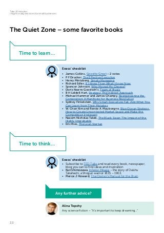 33
Take 10 minutes:
insight on big decisions for small businesses
The Quiet Zone – some favorite books
Time to learn…
Time to think…
Alina Topchy
Any science fiction – “It’s important to keep dreaming…”
Execs’ checklist
•	 James Collins, Good to Great – 2 votes
•	 P F Drucker, The Effective Executive
•	 Henry Mintzberg, Simply Managing
•	 Richard Edler, If I Knew Then What I Know Now
•	 Spencer Johnson, Who Moved My Cheese?
•	 Doris Kearns Goodwin’s, Team of Rivals
•	 B H Liddell Hart, Strategy: The Indirect Approach
•	 Michael Hammer and James Champy, Reengineering the
Corporation: A Manifesto for Business Revolution
•	 Sydney Finkelstein, Why Smart Executives Fail: And What You
Can Learn from Their Mistakes
•	 W. Chan Kim and Renée A. Mauborgne, Blue Ocean Strategy:
How to Create Uncontested Market Space and Make the
Competition Irrelevant
•	 Nassim Nicholas Taleb, The Black Swan: The Impact of the
Highly Improbable
•	 Eric Ries, The Lean Startup
Execs’ checklist
•	 Subscribe to TED Talks and read every book, newspaper,
blog you can to find ideas and inspiration
•	 Kan Shimozawa, Inferior Mirage – the story of Deishu
Takahashi, a Shogun warrior 1835 – 1903.
•	 Pierce J Howard, The Owner’s Manual for the Brain
Any further advice?
 