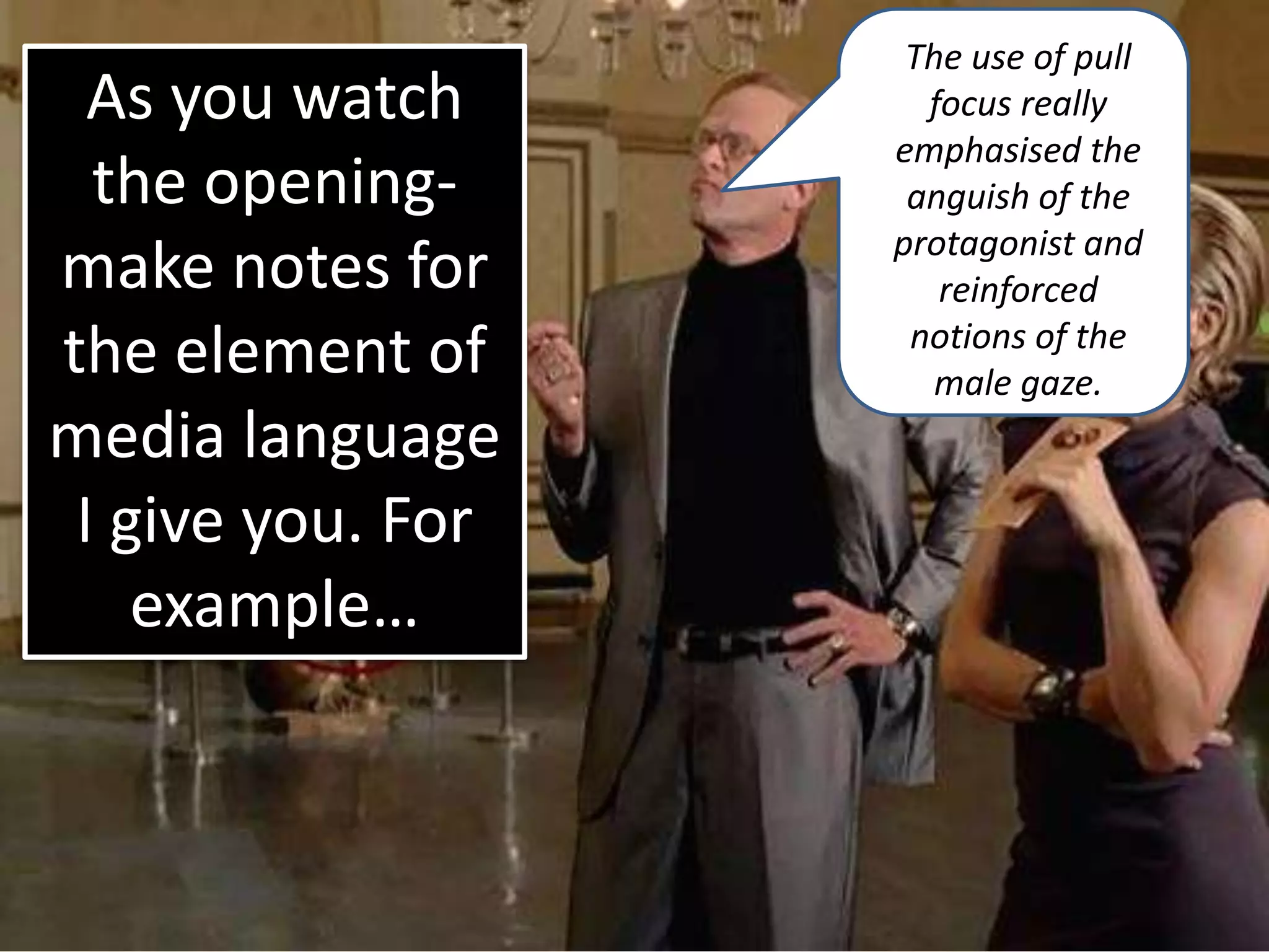As you watch
the opening-
make notes for
the element of
media language
I give you. For
example…
The use of pull
focus really
emphasised the
anguish of the
protagonist and
reinforced
notions of the
male gaze.
 