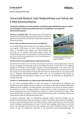 NEWS / PRESSEMITTEILUNG
Seite 1
Universität Rostock nutzt NoSpamProxy zum Schutz der
E-Mail-Kommunikation
Verschiedene Verfahren zur Senderreputation und selbstlernendes Whitelisting sorgen für sichere
und störungsfreie E-Mail-Kommunikation für mehr als 16.500 Nutzer und reduzierten
Administrationsaufwand.
Paderborn, 3. September 2018 – Net at Work GmbH, der Hersteller der
modularen Secure-Mail-Gateway-Lösung NoSpamProxy aus Paderborn,
gibt bekannt, dass die Universität Rostock ihre Mail-Kommunikation mit
NoSpamProxy schützt.
Sicherer Spam- und Malware-Schutz für mehr als 16.500 Nutzer
Die Universität Rostock stellt für jeden ihrer rund 13.800 Studierenden
einen eigenen E-Mail-Account auf einem Microsoft-Exchange-Mail-
System zur Verfügung. Hinzu kommen rund 2.900 Mitarbeiter der
Universität, für die ebenfalls E-Mail-Konten geführt werden. Die
Bereitstellung einer sicheren und störungsfreien E-Mail-Kommunikation
gehört zum zentralen Leistungsversprechen des universitätseigenen IT-
und Medienzentrums ITMZ.
Hohe Dynamik der Kommunikationspartner große Herausforderung
Die E-Mail-Kommunikation einer Universität ist deutlich dynamischer als die anderer Organisationen. Allein der
Zustrom und Abgang von Studierenden sorgt für einen Wechsel der Nutzer um 40 Prozent im Jahr. Außerdem
spiegelt sich die Vielzahl an Fachrichtungen, Projekten und Forschungsaktivitäten in der hohen Anzahl und
Dynamik der Kommunikationspartner wider. Auf der Suche nach einer neuen Lösung zur Mail-Security im Zuge
des Umstiegs von Exchange 2010 auf Exchange 2016 war für die Universität Rostock klar, dass diese Dynamik
nicht zu steigenden Administrationsaufwänden führen dürfe. Für die grundlegende Überarbeitung der
Sicherheitsarchitektur des Mail-Systems entschied sich das ITMZ für die Einführung von NoSpamProxy als
zentralem Mail-Relay.
Verfahren zur Senderreputation und selbstlernendes Whitelisting führen zum Erfolg
Für eine nahezu vollständige Abwehr von Spam und Malware im E-Mail-Verkehr der Mitarbeiter und
Studierenden sorgt bei NoSpamProxy unter anderem die umfassende Auswertung der Standards DANE, DKIM,
DMARC und SPF für Empfänger- und Senderreputation. Diese Verfahren sind nicht nur ein wirksames Mittel in
der Erkennung von Spam- und Malware-Attacken, sondern erlauben es zudem, die Reputation der eigenen
Domain beispielsweise durch die Unterbindung von Spoofing zu schützen und damit für die eigene E-Mail-
Kommunikation höhere Zustellraten zu sichern. Auf die kombinierte Nutzung der verschiedenen Verfahren zur
Senderreputation legte das ITMZ besonders großen Wert.
Ein weiterer wesentlicher Vorteil von NoSpamProxy gegenüber anderen evaluierten Produkten war das
selbstlernende Whitelisting auf Basis des innovativen Level-of-Trust-Ansatzes. Dabei werden alle verfügbaren
Kriterien zu einem gemeinsamen Level-of-Trust-Wert verdichtet. Sendet ein Mailnutzer der Universität E-Mails
an einen Empfänger, steigt beispielsweise der Level-of-Trust für diesen Empfänger. Sendet dieser nun seinerseits
Mails an die Universität, werden diese auch dann zugestellt, wenn andere Indikatoren auf Spam hinweisen
würden. So passt sich NoSpamProxy automatisch an die dynamischen Kommunikationsbeziehungen der
Automatisiertes Whitelisting minimiert
den Admin-Aufwand im Schutz vor
Spam und Malware
 