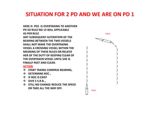 SITUATION FOR 2 PD AND WE ARE ON PD 1
}
}
}
}
}
}
}
}
}
}
}
}
}
}
}
}
}
}
P.D.2
P.D.1
HERE IS PD2 IS OVERTAKING TO ANOTHER
PD SO RULE NO 13 WILL APPLICABLE
AS PER RULE
ANY SUBSEQUENT ALTERATION OF THE
BEARING BETWEEN THE TWO VESSELS
SHALL NOT MAKE THE OVERTAKING
VESSEL A CROSSING VESSEL WITHIN THE
MEANING OF THESE RULES OR RELIEVE
HER OF THE DUTY OF KEEPING CLEAR OF
THE OVERTAKEN VESSEL UNTIL SHE IS
FINALLY PAST AND CLEAR.
ACTION
 START TAKING COMPASS BEARING,
 DETERMINE ROC ,
 IF ROC IS EXIST
 GIVE 5 S.R.B. ,
 STILL NO CHANGE REDUCE THE SPEED
OR TAKE ALL THE WAY OFF.
 