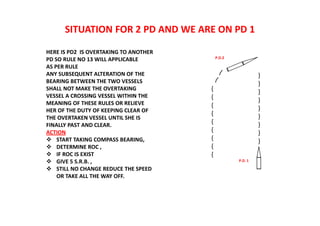 SITUATION FOR 2 PD AND WE ARE ON PD 1
}
}
}
}
}
}
}
}
}
}
}
}
}
}
}
}
}
}
HERE IS PD2 IS OVERTAKING TO ANOTHER
PD SO RULE NO 13 WILL APPLICABLE
AS PER RULE
ANY SUBSEQUENT ALTERATION OF THE
BEARING BETWEEN THE TWO VESSELS
SHALL NOT MAKE THE OVERTAKING
VESSEL A CROSSING VESSEL WITHIN THE
MEANING OF THESE RULES OR RELIEVE
HER OF THE DUTY OF KEEPING CLEAR OF
THE OVERTAKEN VESSEL UNTIL SHE IS
FINALLY PAST AND CLEAR.
ACTION
 START TAKING COMPASS BEARING,
 DETERMINE ROC ,
 IF ROC IS EXIST
 GIVE 5 S.R.B. ,
 STILL NO CHANGE REDUCE THE SPEED
OR TAKE ALL THE WAY OFF.
P.D. 1
P.D.2
 