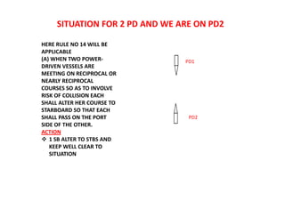 SITUATION FOR 2 PD AND WE ARE ON PD2
PD1
PD2
HERE RULE NO 14 WILL BE
APPLICABLE
(A) WHEN TWO POWER-
DRIVEN VESSELS ARE
MEETING ON RECIPROCAL OR
NEARLY RECIPROCAL
COURSES SO AS TO INVOLVE
RISK OF COLLISION EACH
SHALL ALTER HER COURSE TO
STARBOARD SO THAT EACH
SHALL PASS ON THE PORT
SIDE OF THE OTHER.
ACTION
 1 SB ALTER TO STBS AND
KEEP WELL CLEAR TO
SITUATION
 