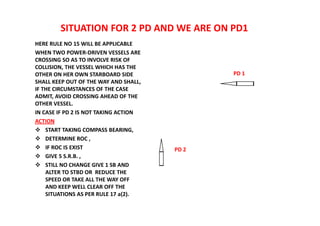 SITUATION FOR 2 PD AND WE ARE ON PD1
HERE RULE NO 15 WILL BE APPLICABLE
WHEN TWO POWER-DRIVEN VESSELS ARE
CROSSING SO AS TO INVOLVE RISK OF
COLLISION, THE VESSEL WHICH HAS THE
OTHER ON HER OWN STARBOARD SIDE
SHALL KEEP OUT OF THE WAY AND SHALL,
IF THE CIRCUMSTANCES OF THE CASE
ADMIT, AVOID CROSSING AHEAD OF THE
OTHER VESSEL.
IN CASE IF PD 2 IS NOT TAKING ACTION
ACTION
 START TAKING COMPASS BEARING,
 DETERMINE ROC ,
 IF ROC IS EXIST
 GIVE 5 S.R.B. ,
 STILL NO CHANGE GIVE 1 SB AND
ALTER TO STBD OR REDUCE THE
SPEED OR TAKE ALL THE WAY OFF
AND KEEP WELL CLEAR OFF THE
SITUATIONS AS PER RULE 17 a(2).
PD 1
PD 2
 