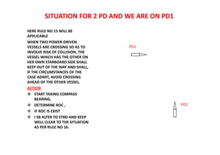 SITUATION FOR 2 PD AND WE ARE ON PD1
HERE RULE NO 15 WILL BE
APPLICABLE
WHEN TWO POWER-DRIVEN
VESSELS ARE CROSSING SO AS TO
INVOLVE RISK OF COLLISION, THE
VESSEL WHICH HAS THE OTHER ON
HER OWN STARBOARD SIDE SHALL
KEEP OUT OF THE WAY AND SHALL,
IF THE CIRCUMSTANCES OF THE
CASE ADMIT, AVOID CROSSING
AHEAD OF THE OTHER VESSEL.
ACTION
 START TAKING COMPASS
BEARING,
 DETERMINE ROC ,
 IF ROC IS EXIST
 I SB ALTER TO STBD AND KEEP
WELL CLEAR TO THE SITUATION
AS PER RULE NO 16.
PD1
PD2
 