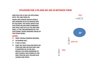 SITUATION FOR 3 PD AND WE ARE IN BETWEEN THEM
HERE RULE NO 15 WILL BE APPLICABLE
WITH PD1 AND OWN VSL
WHEN TWO POWER-DRIVEN VESSELS
ARE CROSSING SO AS TO INVOLVE RISK
OF COLLISION, THE VESSEL WHICH HAS
THE OTHER ON HER OWN STARBOARD
SIDE SHALL KEEP OUT OF THE WAY AND
SHALL, IF THE CIRCUMSTANCES OF THE
CASE ADMIT, AVOID CROSSING AHEAD OF
THE OTHER VESSEL.
ACTION
 START TAKING COMPASS BEARING,
 DETERMINE ROC ,
 IF ROC IS EXIST,
 SINCE WE HAVE SHALLOW PATCH ON
STBD SIDE AND ON OUR PORT SIDE
IS ANOTHER VSL SO WE WILL
REDUCE THE SPEED MINIMUM TO
KEEP OURSELF ON COURSE,LET PD1
PASS THEN WE WILL FOLLOW OUR
COURSE AND SPEED.
SP
PD1
PD2
OWN PD
 