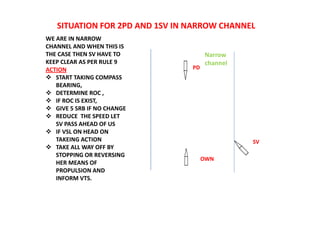 SITUATION FOR 2PD AND 1SV IN NARROW CHANNEL
OWN
SV
PD
WE ARE IN NARROW
CHANNEL AND WHEN THIS IS
THE CASE THEN SV HAVE TO
KEEP CLEAR AS PER RULE 9
ACTION
 START TAKING COMPASS
BEARING,
 DETERMINE ROC ,
 IF ROC IS EXIST,
 GIVE 5 SRB IF NO CHANGE
 REDUCE THE SPEED LET
SV PASS AHEAD OF US
 IF VSL ON HEAD ON
TAKEING ACTION
 TAKE ALL WAY OFF BY
STOPPING OR REVERSING
HER MEANS OF
PROPULSION AND
INFORM VTS.
Narrow
channel
 