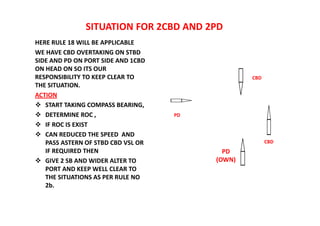 SITUATION FOR 2CBD AND 2PD
HERE RULE 18 WILL BE APPLICABLE
WE HAVE CBD OVERTAKING ON STBD
SIDE AND PD ON PORT SIDE AND 1CBD
ON HEAD ON SO ITS OUR
RESPONSIBILITY TO KEEP CLEAR TO
THE SITUATION.
ACTION
 START TAKING COMPASS BEARING,
 DETERMINE ROC ,
 IF ROC IS EXIST
 CAN REDUCED THE SPEED AND
PASS ASTERN OF STBD CBD VSL OR
IF REQUIRED THEN
 GIVE 2 SB AND WIDER ALTER TO
PORT AND KEEP WELL CLEAR TO
THE SITUATIONS AS PER RULE NO
2b.
CBD
PD
(OWN)
PD
CBD
 