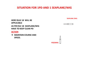 SITUATION FOR 1PD AND 1 SEAPLANE/WIG
HERE RULE 18 WILL BE
APPLICABLE
AS PER RLE 18 SEAPLANE/WIG
HAVE TO KEEP CLEAR PD
ACTION
 MAINTAIN COURSE AND
SPEED.
SEAPLANE /WIG
PD(OWN)
 