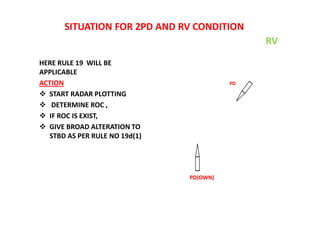 SITUATION FOR 2PD AND RV CONDITION
HERE RULE 19 WILL BE
APPLICABLE
ACTION
 START RADAR PLOTTING
 DETERMINE ROC ,
 IF ROC IS EXIST,
 GIVE BROAD ALTERATION TO
STBD AS PER RULE NO 19d(1)
PD(OWN)
PD
RV
 