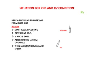 SITUATION FOR 2PD AND RV CONDITION
HERE A PD TRYING TO OVERTAKE
FROM PORT SIDE
ACTION
 START RADAR PLOTTING
 DETERMINE ROC ,
 IF ROC IS EXIST,
 ALTER TO STBD LET HIM
OVERTAKE
 THEN MAINTAIN COURSE AND
SPEED.
PD
PD(OWN)
RV
 