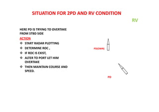 SITUATION FOR 2PD AND RV CONDITION
HERE PD IS TRYING TO OVERTAKE
FROM STBD SIDE
ACTION
 START RADAR PLOTTING
 DETERMINE ROC ,
 IF ROC IS EXIST,
 ALTER TO PORT LET HIM
OVERTAKE
 THEN MAINTAIN COURSE AND
SPEED.
PD
PD(OWN)
RV
 