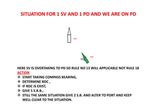 SITUATION FOR 1 SV AND 1 PD AND WE ARE ON PD
HERE SV IS OVERTAKING TO PD SO RULE NO 13 WILL APPLICABLE NOT RULE 18
ACTION
 START TAKING COMPASS BEARING,
 DETERMINE ROC ,
 IF ROC IS EXIST,
 GIVE 5 S.R.B.,
 STILL THE SAME SITUATION GIVE 2 S.B. AND ALTER TO PORT AND KEEP
WELL CLEAR TO THE SITUATION.
P.D.
S.V.
 