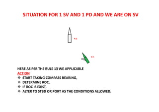 SITUATION FOR 1 SV AND 1 PD AND WE ARE ON SV
HERE AS PER THE RULE 13 WE APPLICABLE
ACTION
 START TAKING COMPASS BEARING,
 DETERMINE ROC,
 IF ROC IS EXIST,
 ALTER TO STBD OR PORT AS THE CONDITIONS ALLOWED.
P.D.
S.V.
 