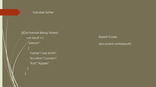 Variable Setter
JSON Format Being Tested:
var result = {
"person":
{
"name":"Joe Smith",
"location":"London",
"fruit":"Apples"
}
}
Exploit Code:
document.write(result);
 