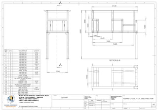 D
E
F
C
1 2 3 4
B
A
321 5
C
D
4 6 7 8
A
B
1WEIGHT:
A3
DWG NO.
TITLE:
REVISION
MATERIAL:
DEBUR AND
BREAK SHARP
EDGES
FINISH: UNLESS OTHERWISE SPECIFIED:
DIMENSIONS ARE IN MILLIMETERS
SURFACE FINISH:
TOLERANCES:
LINEAR:
ANGULAR:
CLIENTSPLOT 526 SHEHU YARADUA WAY
P.M.B. 105 GARKI - ABUJA
TEL: 230-092225901
FAX: 234-092225607
An Engineering and Construction Company
FABRICATION SECTION
11/24/2009
George J.
EmekaChux
DESIGN
CHK'D
APPV'D
MFG
Q.A
NAME SIGNATURE DATE
Emeka Chux
HOPPER _F1235_S1220_STEEL STRUCTURE
D
E
F
C
1 2 3 4
B
A
321 5
C
D
4 6 7 8
A
B
1WEIGHT:
A3
SHEET 3 OF 15
DWG NO.
TITLE:
REVISION
MATERIAL:
DEBUR AND
BREAK SHARP
EDGES
FINISH: UNLESS OTHERWISE SPECIFIED:
DIMENSIONS ARE IN MILLIMETERS
SURFACE FINISH:
TOLERANCES:
LINEAR:
ANGULAR:
PLOT 526 SHEHU YARADUA WAY
P.M.B. 105 GARKI - ABUJA
TEL: 230-092225901
FAX: 234-092225607
An Engineering and Construction Company
11/24/2009
George J.
EmekaChux
DESIGN
CHK'D
APPV'D
MFG
Q.A
NAME SIGNATURE DATE
Emeka Chux
SCALE: 1:50
LEVANT
2760
A
A
1550
SECTION A-A
6120
3000
2640
3905
640
5485
1845
1685
6500
ITEM
NO.
QTY. DESCRIPTION LENGTH
1 3 H BEAM 240 2750
2 2 H BEAM 240 6120
3 2 H BEAM 240 2750
4 6 H BEAM 240 2520
5 2 H BEAM 240 1205
6 1 H BEAM 240 360
7 2 H BEAM 240 1365
8 2 H BEAM 240 1504.5
9 2 H BEAM 240 755
10 1 H BEAM 240 2750
11 1 H BEAM 240 2750
12 2 PLATE 20 MM
13 1 H BEAM 240 6120
14 2 H BEAM 240 3460
15 2 PLATE 20 MM
16 2 GUSSET 10 MM
17 4
MS PLATE 20 MM (HOPPER
GUSSET )
18 1 HEB 240 X 240 6120
19 1 HEB 240 X 240 360
20 2 MS PLATE 10 MM(GUSSET)
21 100 STIFFENER 10MM PLATE
22 4 HEB 240 X240 1365
23 2 HEB 120 X 120 1748.66
24 2 MS PLATE 8MM
25 2 MS PLATE 8MM
26 4 MS PLATE 8MM
 