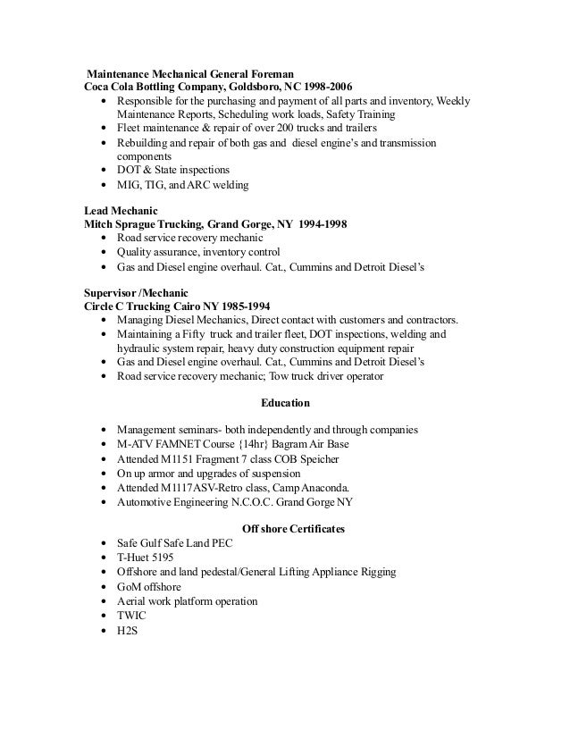 heavy equipment mechanic resume examples