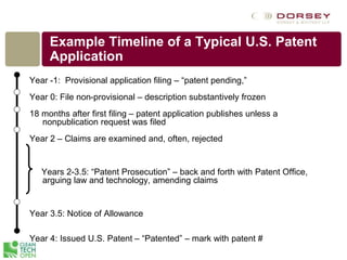 Example Timeline of a Typical U.S. Patent
Application
Year -1: Provisional application filing – “patent pending,”
Year 0: File non-provisional – description substantively frozen
18 months after first filing – patent application publishes unless a
nonpublication request was filed
Year 2 – Claims are examined and, often, rejected
Years 2-3.5: “Patent Prosecution” – back and forth with Patent Office,
arguing law and technology, amending claims
Year 3.5: Notice of Allowance
Year 4: Issued U.S. Patent – “Patented” – mark with patent #
 