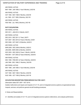 AIR FORCE, ACTIVE:
MAY 1996 - JAN 1998 (1 Year 8 Months), 2A331B
AIR FORCE, ACTIVE:
OCT 1995 - MAY 1996 (7 Months), 2A331B
JUL 1995 - OCT 1995 (3 Months), 2A311B
AIR FORCE, ACTIVE:
FEB 1995 - JUL 1995 (5 Months), 2A311B
DUTY OCCUPATION:
AIR FORCE, ACTIVE:
DEC 2011 - JAN 2012 (1 Month), 2A371
AIR FORCE, ACTIVE:
DEC 2010 - DEC 2011 (1 Year), 2A371
OCT 2007 - DEC 2010 (3 Years 2 Months), 2A351
DEC 2006 - OCT 2007 (10 Months), 2A351C
AIR FORCE, ACTIVE:
MAR 2006 - DEC 2006 (9 Months), 2A351C
JAN 2006 - MAR 2006 (2 Months), 2A351B
NOV 2003 - DEC 2005 (2 Years 1 Month), 2A351B
FEB 2001 - OCT 2003 (2 Years 8 Months), 2A351B
AIR FORCE, ACTIVE:
DEC 1998 - FEB 2001 (2 Years 2 Months), 2A351B
JAN 1998 - DEC 1998 (11 Months), 2A331B
AIR FORCE, ACTIVE:
MAY 1996 - JAN 1998 (1 Year 8 Months), 2A331B
AIR FORCE, ACTIVE:
OCT 1995 - MAY 1996 (7 Months), 2A331B
AUG 1995 - OCT 1995 (2 Months), 2A311B
OCCUPATION DESCRIPTION FROM SERVICE FILE FOR: 2A371
(Description dates OCT 2007 - OCT 2014)
Isolates malfunctions and repairs and inspects A-10, F-15, and U-2 integrated avionics systems at organizational levels.
Inspects, services, and performs general aircraft handling procedures.
2. Duties and Responsibilities:
2.1. Identifies and isolates A-10, F-15, and U-2 integrated avionics systems malfunctions, and analyzes performance.
VERIFICATION OF MILITARY EXPERIENCE AND TRAINING Page 2 of 10
 