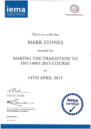 IEMA Transition to ISO14001 Certificate