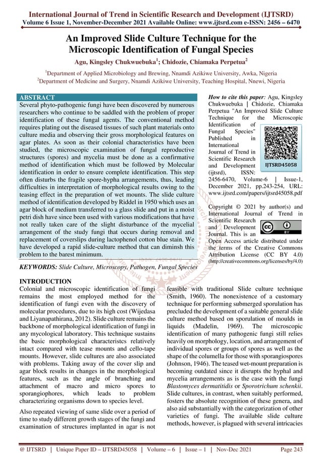 An Improved Slide Culture Technique for the Microscopic Identification