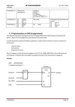 ISIM Gabès API et Supervision industrielle A.U. 2011/2012
LASCMI3
S. MARAOUI Page 11
(*methode 1*) (*donner les
paramètres*)
(* Appel: *)
CAL Time1 (
IN:=Rel,
PT:= t#500ms,
Q=>Out, (* Output p. 1 *)
ET=>VALUE (* Output p. 2 *)
)
(*methode 2*) LD t#500ms
ST Time1.PT
LD Rel
ST Time1.IN
CAL Time1 (*Utilisation des paramètres de
sortie*)
LD Time1.Q
ST Out
LD Time1.ET
ST Value
(*methode 3*) LD t#500ms
PT Time1
LD Rel
IN time1
5. Programmation en FBD (Logigramme)
Un programme (ou partie de programme) écrit en langage FBD (Function Block Diagram) comporte trois
parties : départ en fin du programme, partie déclaration et partie code.
La partie déclaration peut être textuelle ou graphique. La partie code est divisé en réseaux. Un réseau est
constitué de :
- Label du réseau
- Commantaire
- Graphique du réseau
Dans ce langage on utilise des fonctions logique comme ET, OU, NAND, NOR, XOR ou des combinaisons de
ces fonctions. L’utilisateur peut aussi définir ses propres fonctions o FB, comme pour le langage LD.
Exemple :
 
